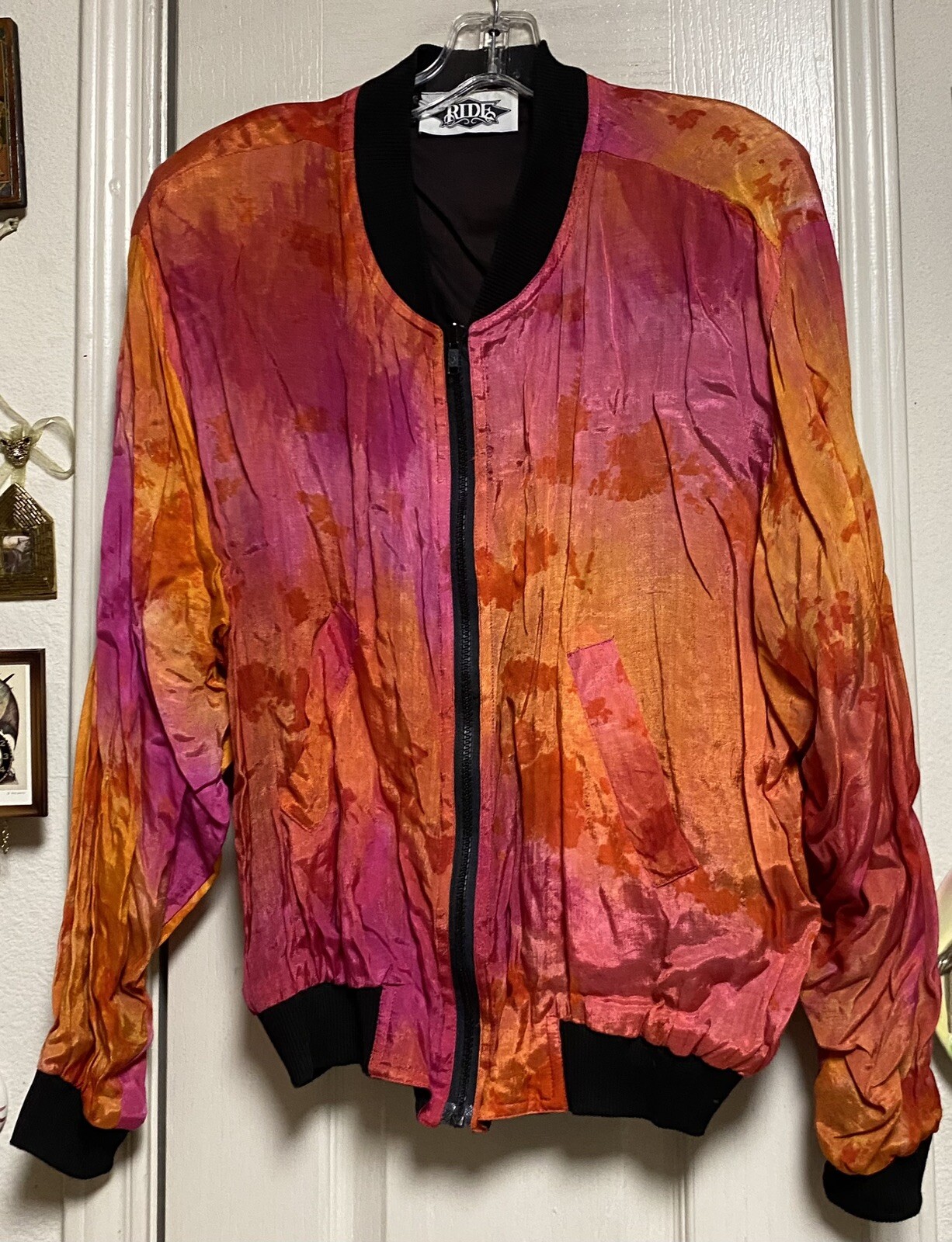 Vintage RIDE Rayon/Cotton Fuchsia Orange & Black Bomber Jacket W/Shoulder Pads