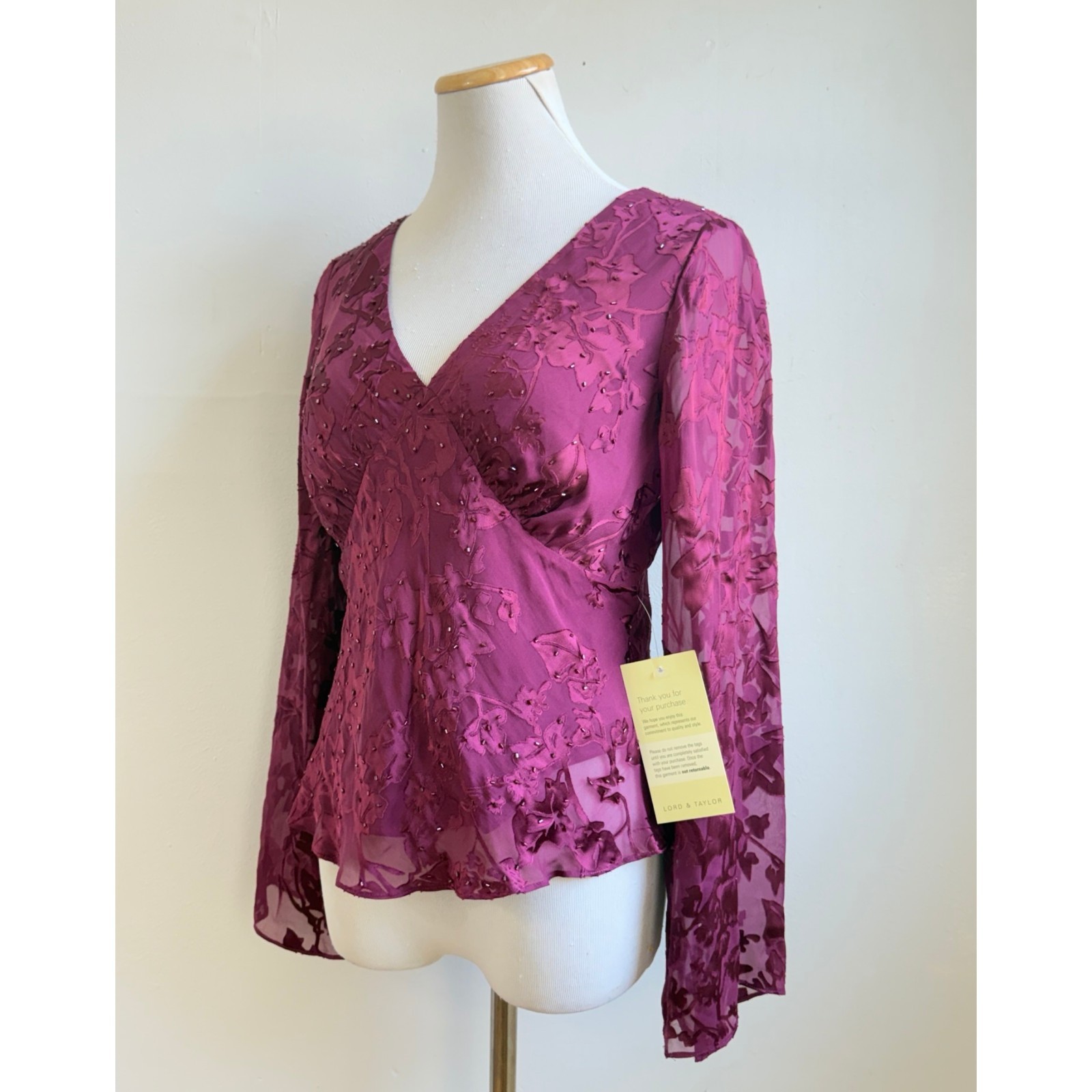 Vintage Magenta Beaded Silk/Rayon Jacquard Blouse Size Medium 90s Whimsygoth