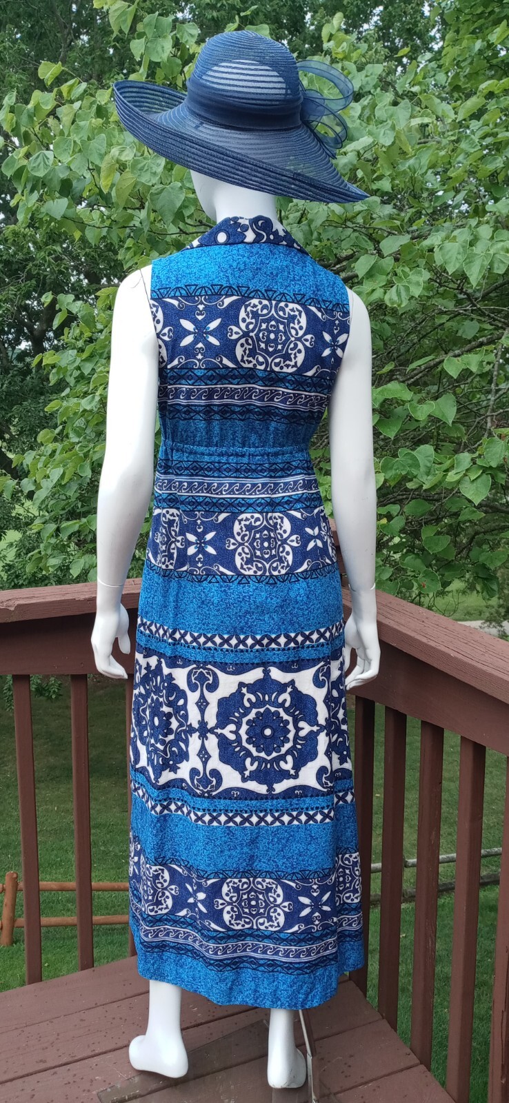 Penneys Hawaii VTG Small Barkcloth Maxi Dress Blue Tropical Sleeveless Collared