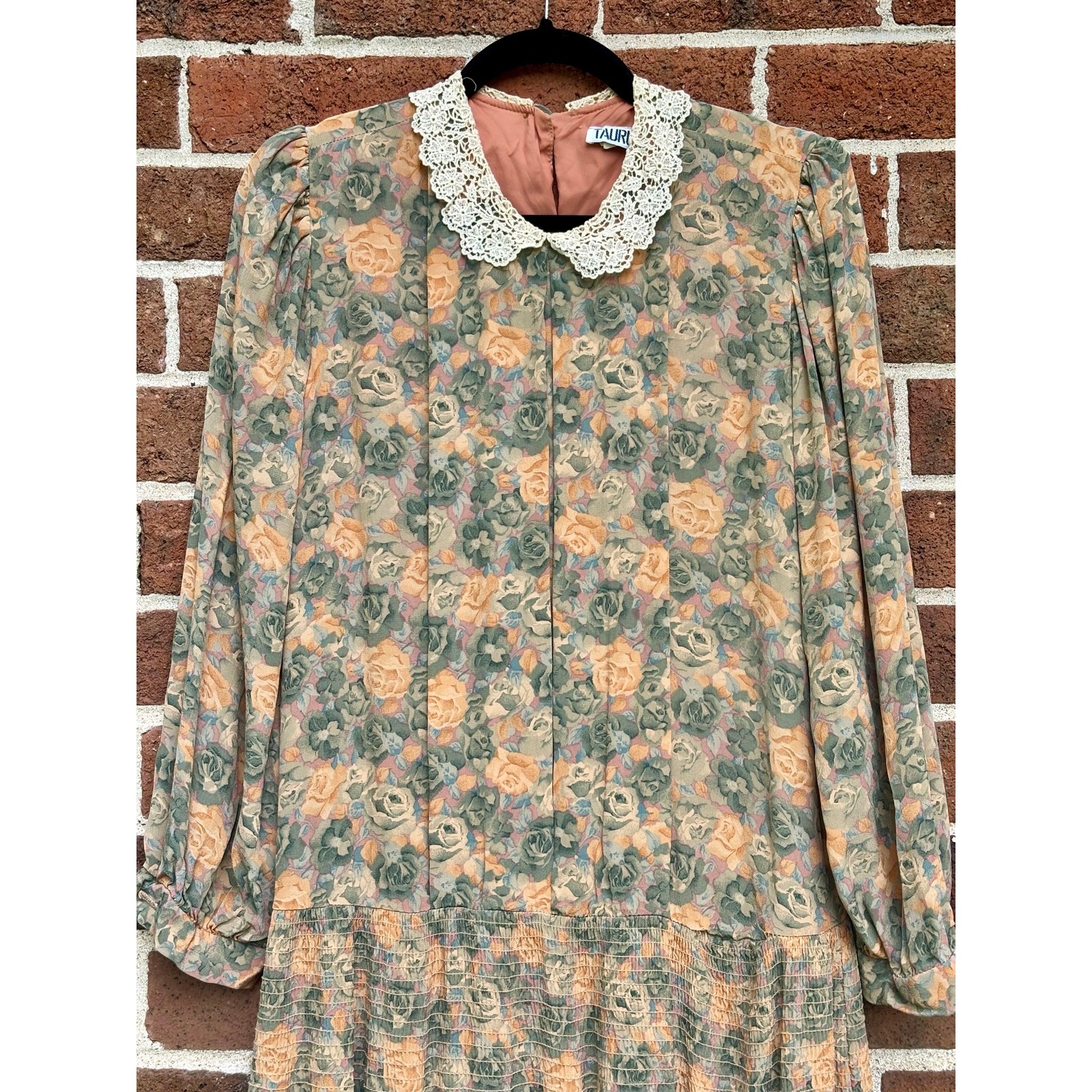 Vintage 80s Taurus II Floral Prairie Dress Lace Collar Drop Waist Pink Green