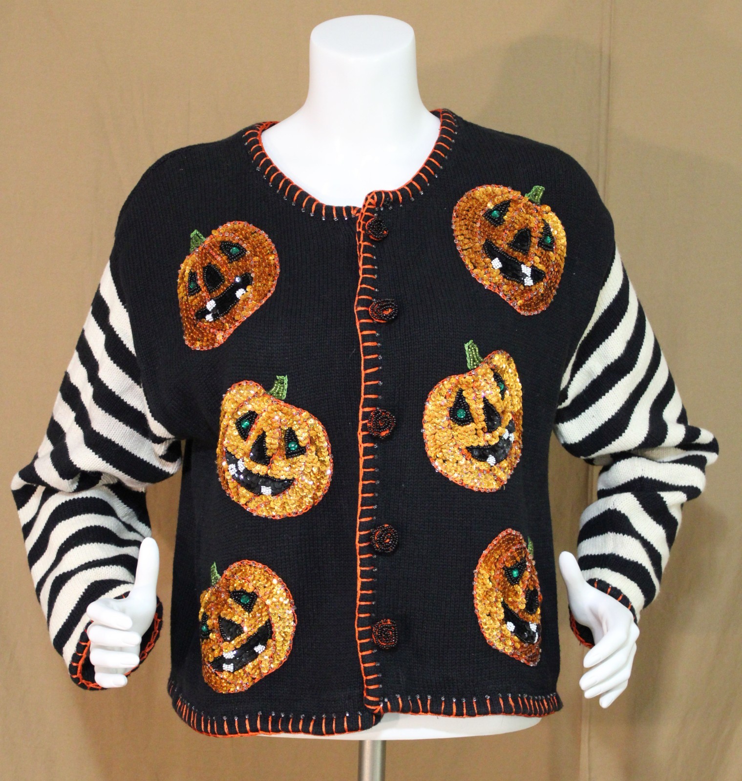 Y2K Belle Pointe Sz L Halloween Sequin Jack O’ Lantern Striped Sleeve Cardigan
