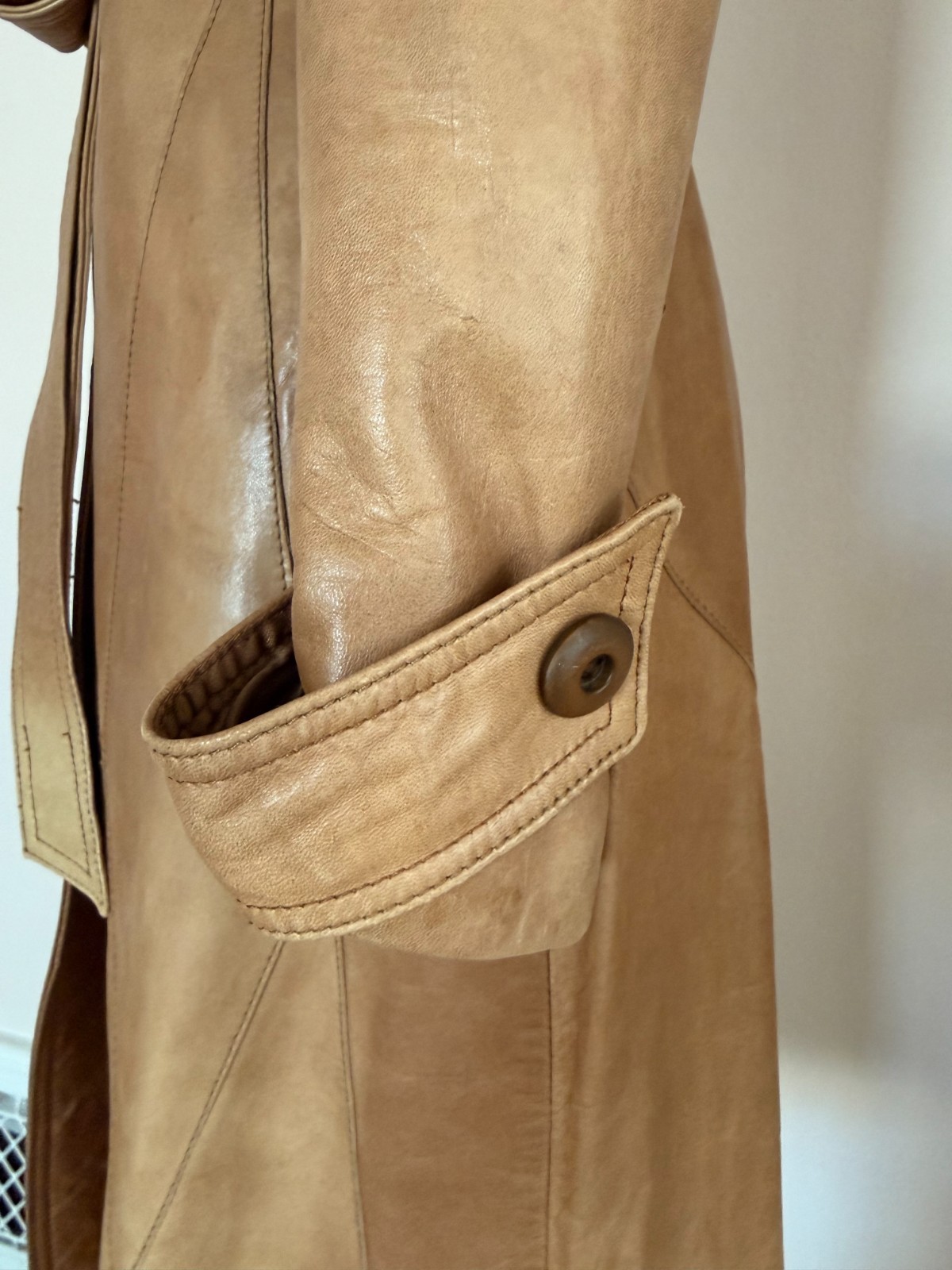 Vintage 100% Leather Trench Coat XS XXS Tan Belted Jacket Handmade in Mexico