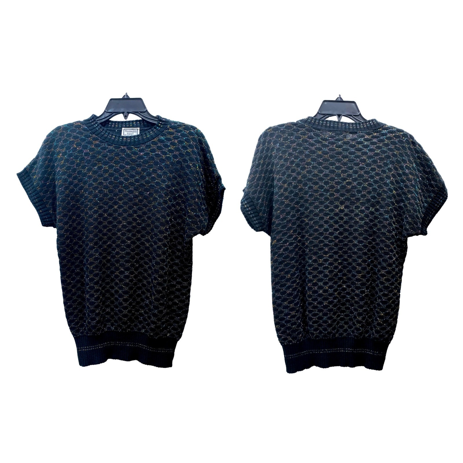 70s Kenneth Too Black Metallic Knit Sweater Top | Rainbow Lurex Vest XS/S