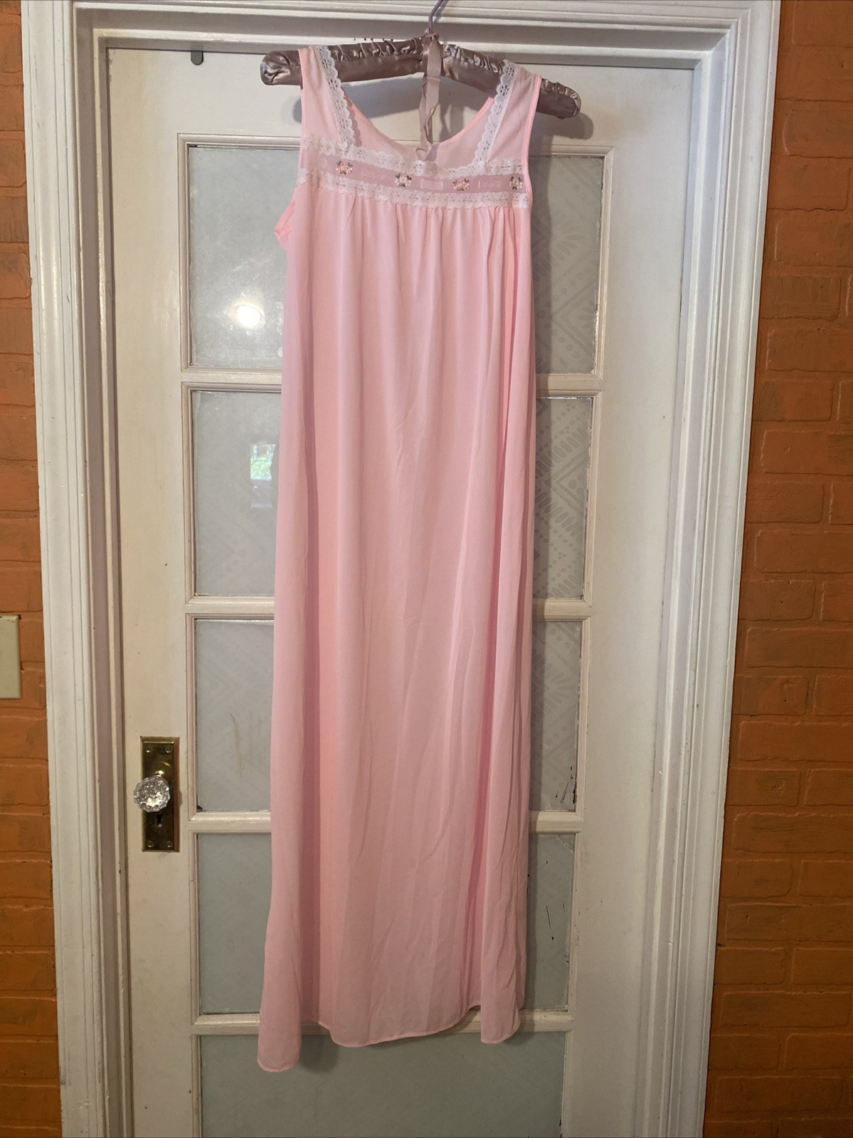 Vintage Pink Night Gown Robe Lace Embroidery Nylon Med