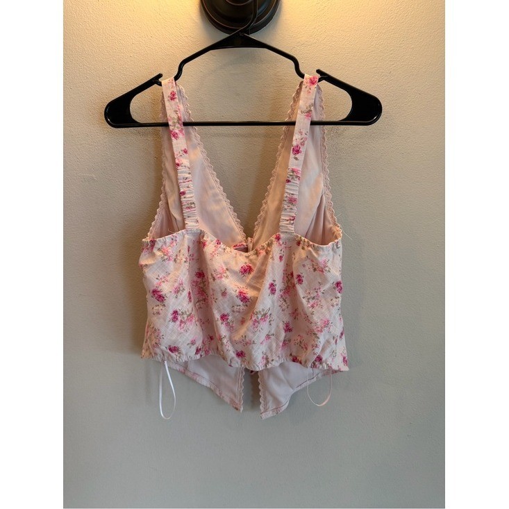 Pink Rose Floral Tie Front Cami Top Pink White Lace Trim Handkerchief Hem Medium