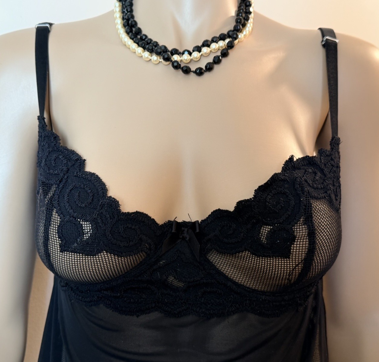 Vintage SHEER Silky Black CHIFFON & LACE Babydoll Chemise 36C Elegant Moments