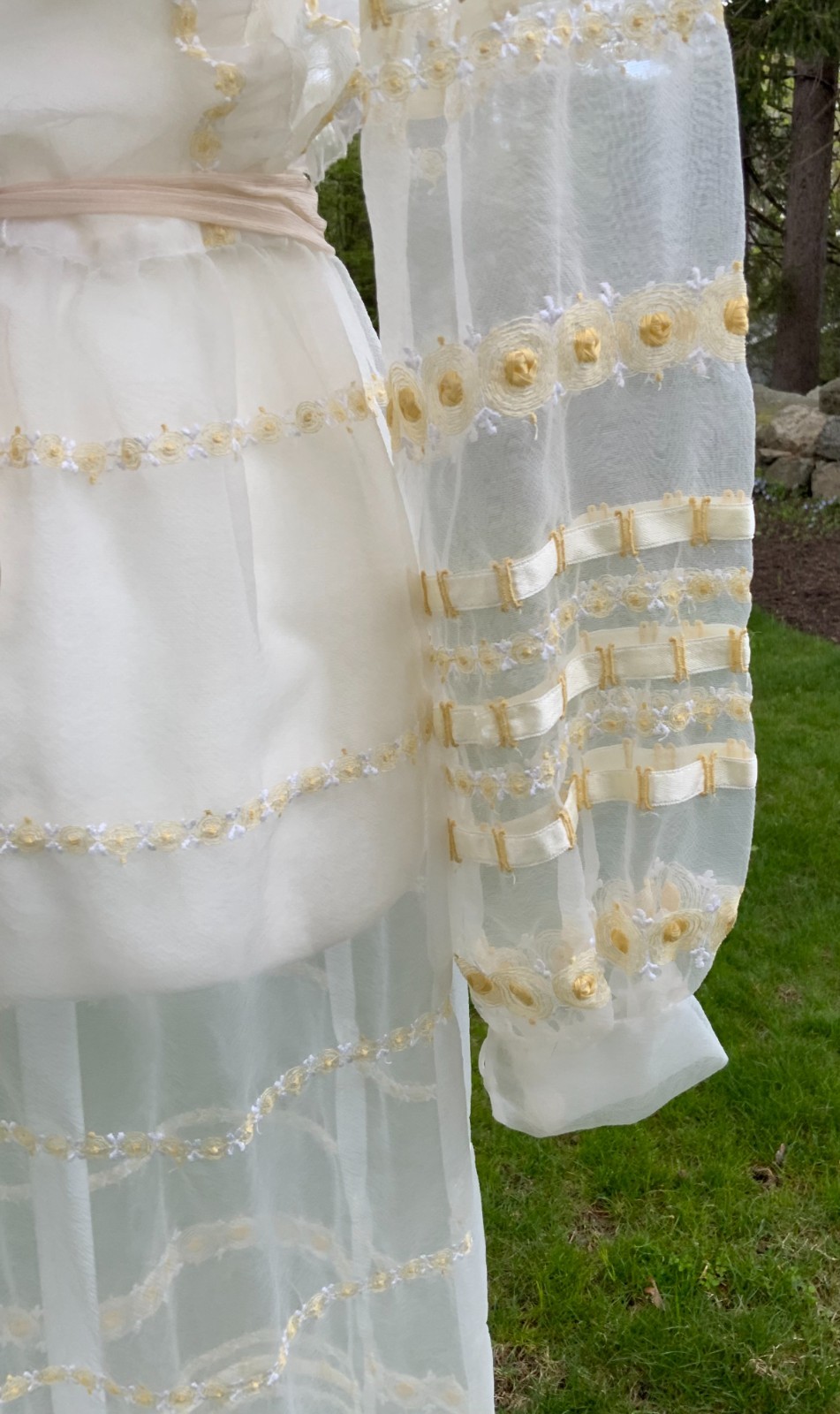 1970s Sheer Romantic Bridal Dress | Edwardian Revival Ivory with Ribbon
