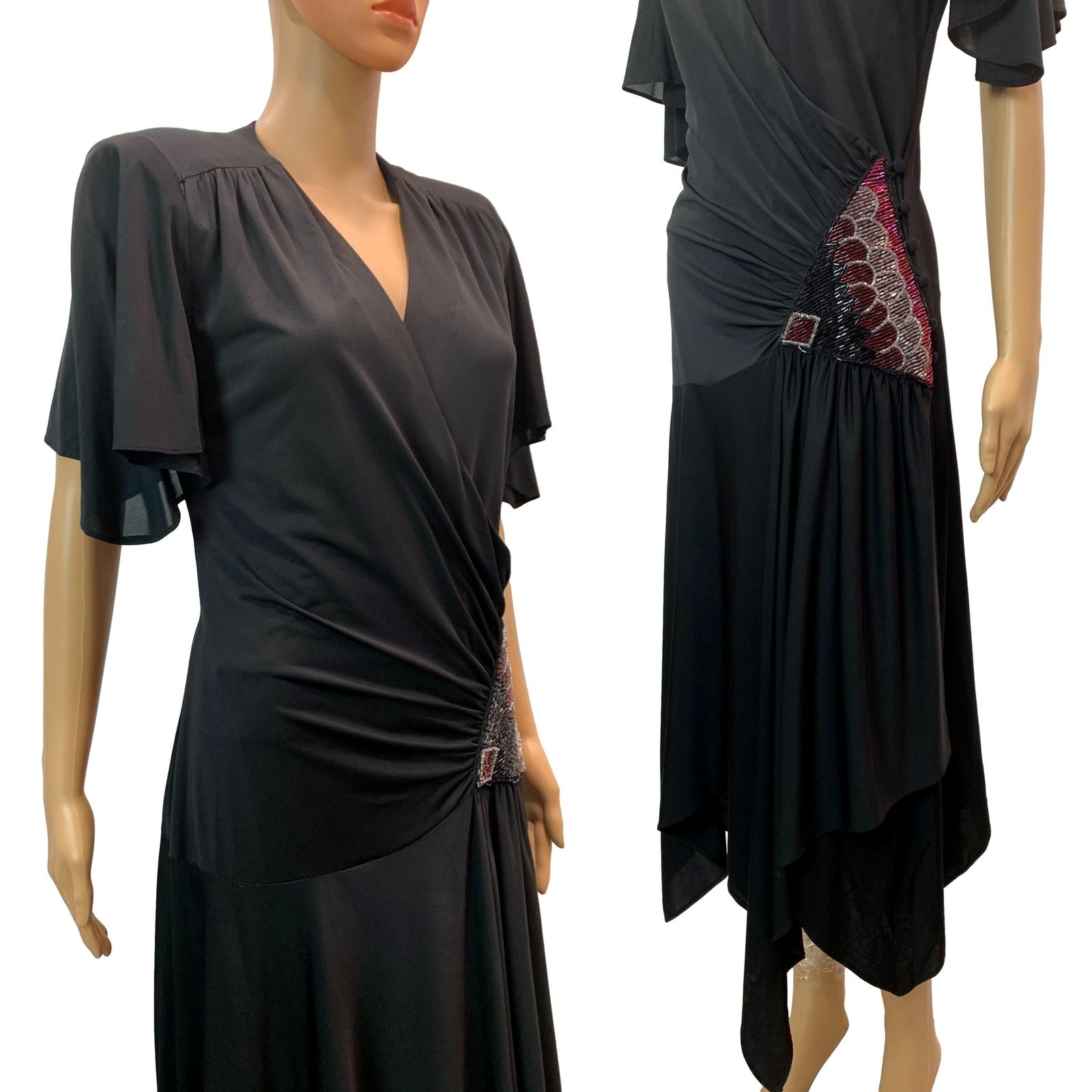 Vintage Vijack Black Beaded Wrap Dress | Nancy Bracoloni 70s 80s Scarf Hem | S