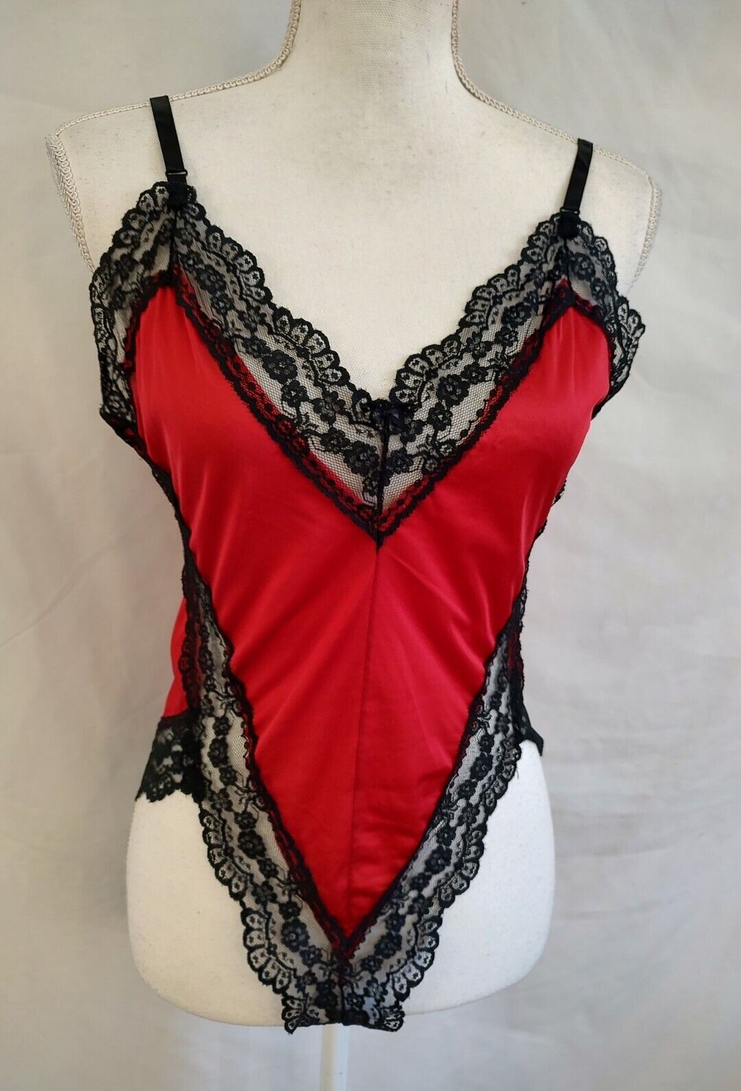 80’s Vintage Teddy Romper Red Nylon & Black Lace Super High Cut Leg Sexy Sz S