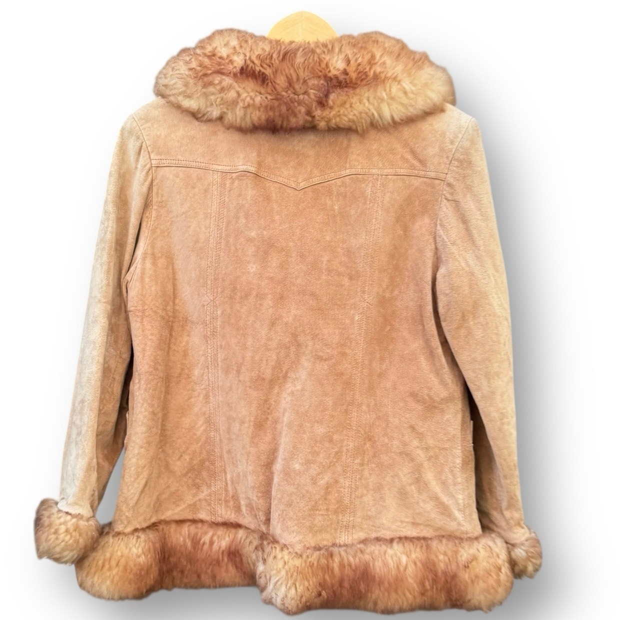 1970s Penny Lane Ms. Pioneer Suede Faux Fur Coat Quilted Chest 40” Vintage