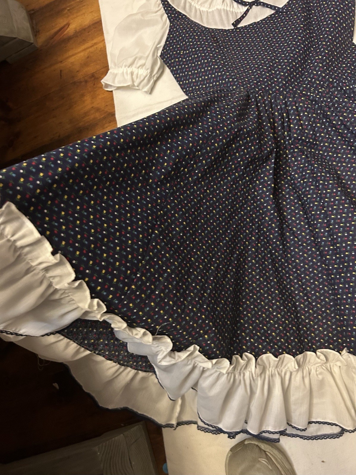 VTG 70s Navy Prairie Ruffled Square Dance Dress 160″ twirl skirt country sm med