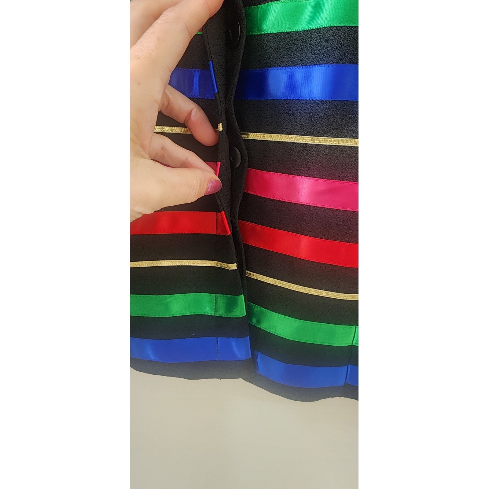 Jacqueline Ferrar Vintage Rainbow Stripe Ribbon Blazer Gold Metallic Trim Size 4