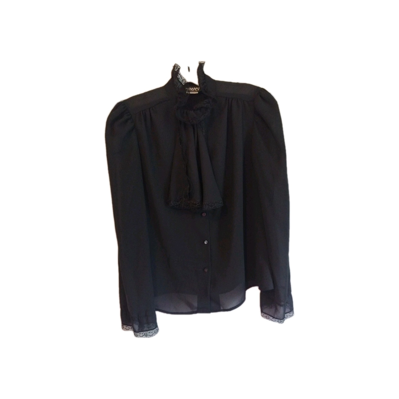 VTG Sauci Black Sheer Blouse High Neck Lace Trim Victorian Prairie Blouse Top M