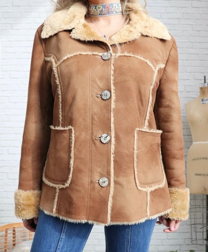 Vintage Faux Shearling Coat | Medium Large Size | 90s Brown Rancher Winter Coat