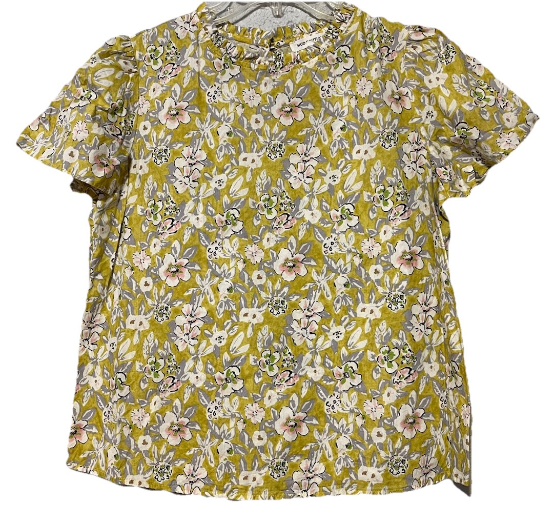 Mod Boutique Sz L Blouse Floral Rear Button Peek A Boo Back Short Sleeve Shirt