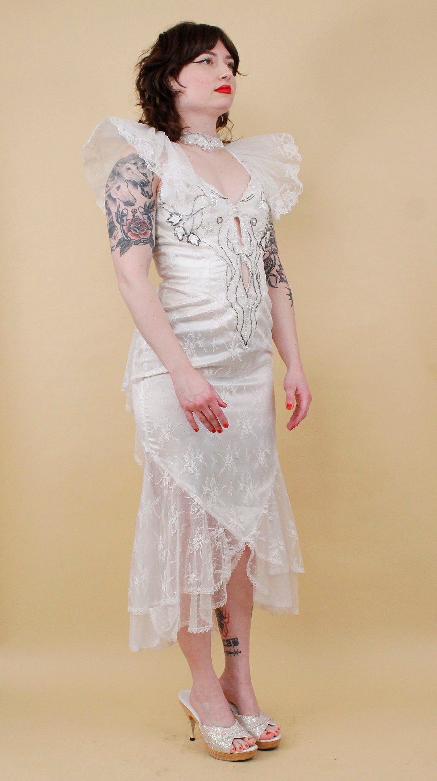 80s Vtg CLIMAX Karen Okada White Lace Angel Sleeve Dress Sheer Mesh Glam Mermaid
