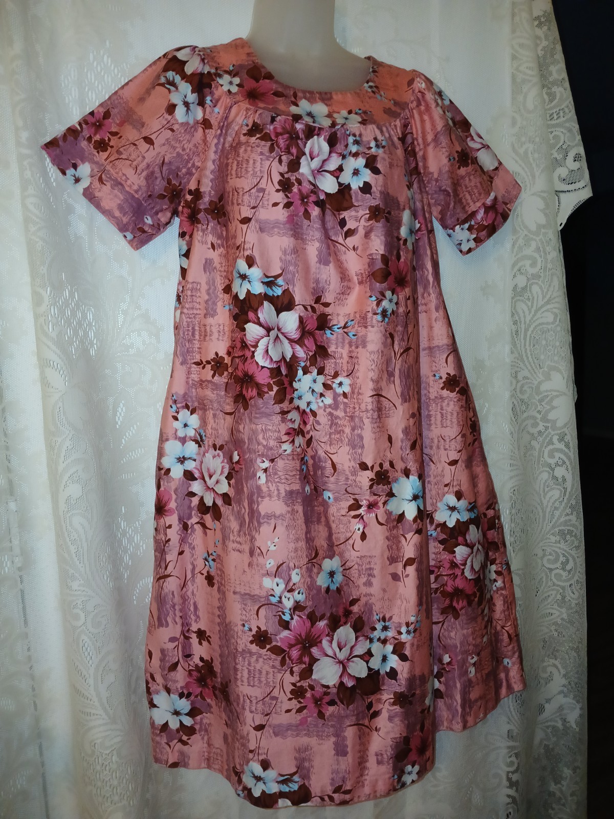 Vintage 70s Sears Hawaiian Pink Floral Cotton Muumuu Caftan Tiki Oasis Dress S