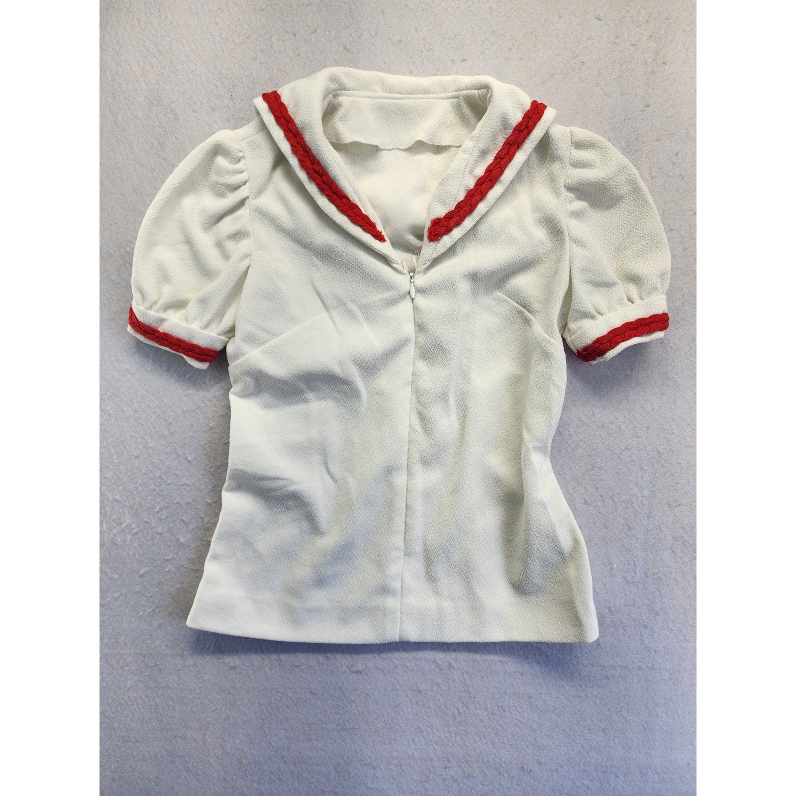 Vintage Sailor Collar Zip Up Puff Sleeve Blouse White Red Small Rockabilly Pinup