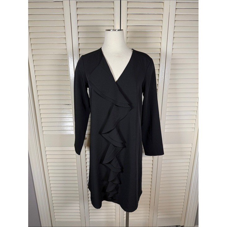 NWT Vintage Spenser Jeremy Black Ruffle V-Neck Shift Dress Long Sleeve M