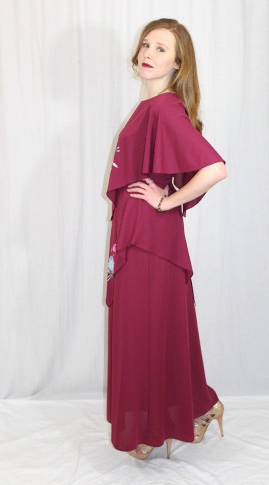 Vintage 70s Burgundy Wine Floral Cape TIERED Retro Maxi Cocktail Party Dress M
