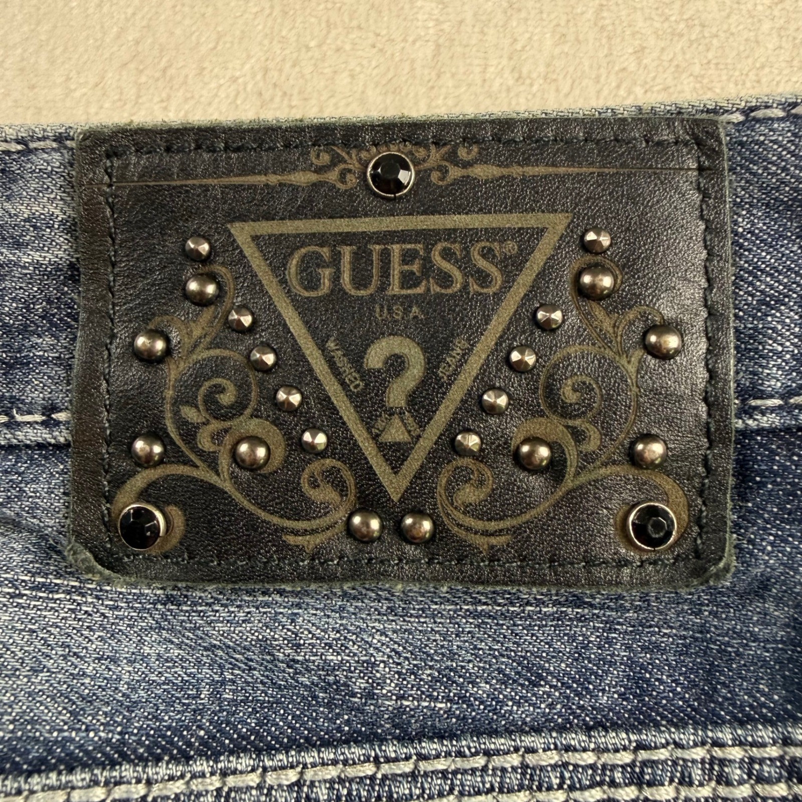 Vintage Guess Bootcut Jeans Womens 32 Blue Distressed Studded Pocket Y2K Indie