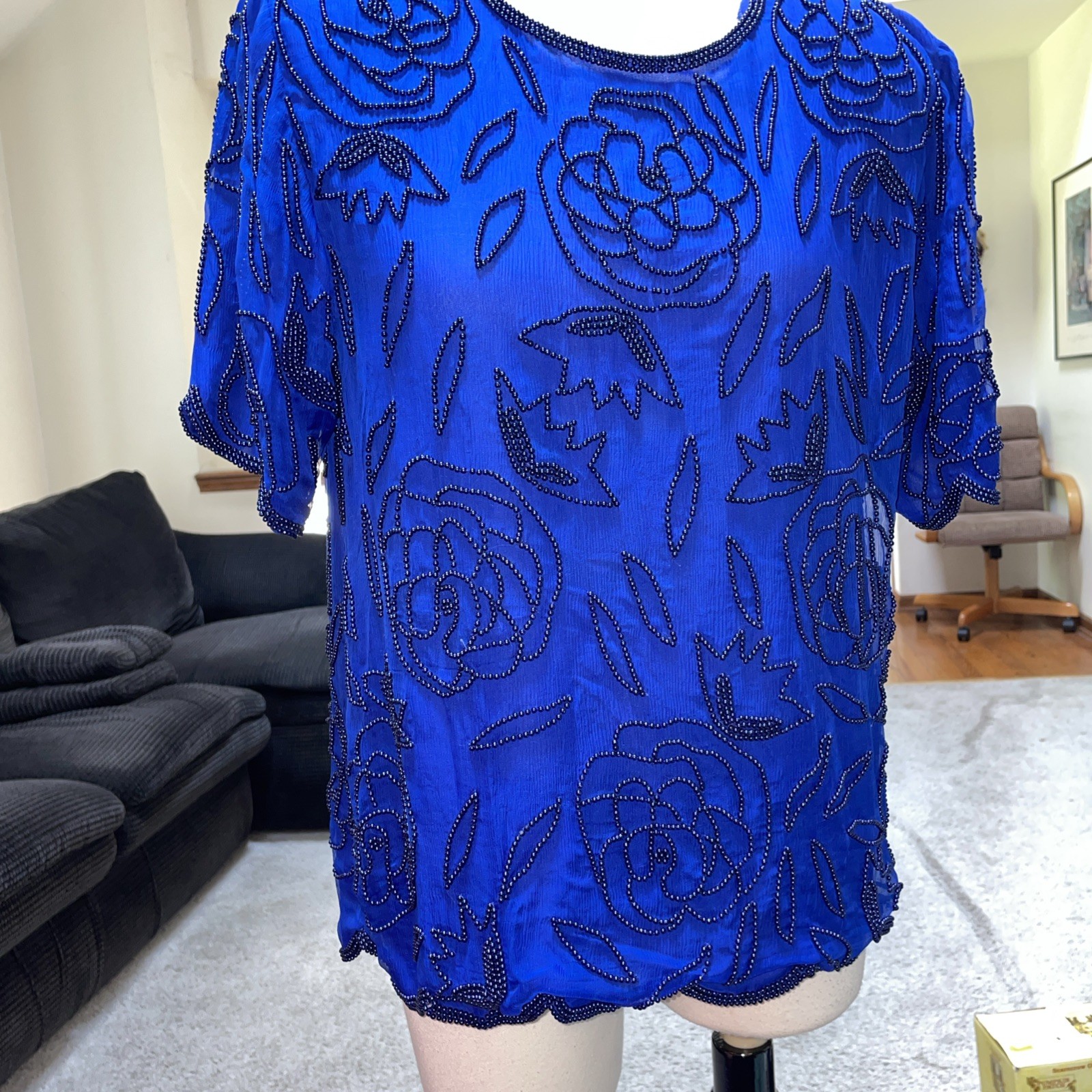 Stenay Padded Shoulders Blue Black Beaded Short Sleeve Top Size Medium