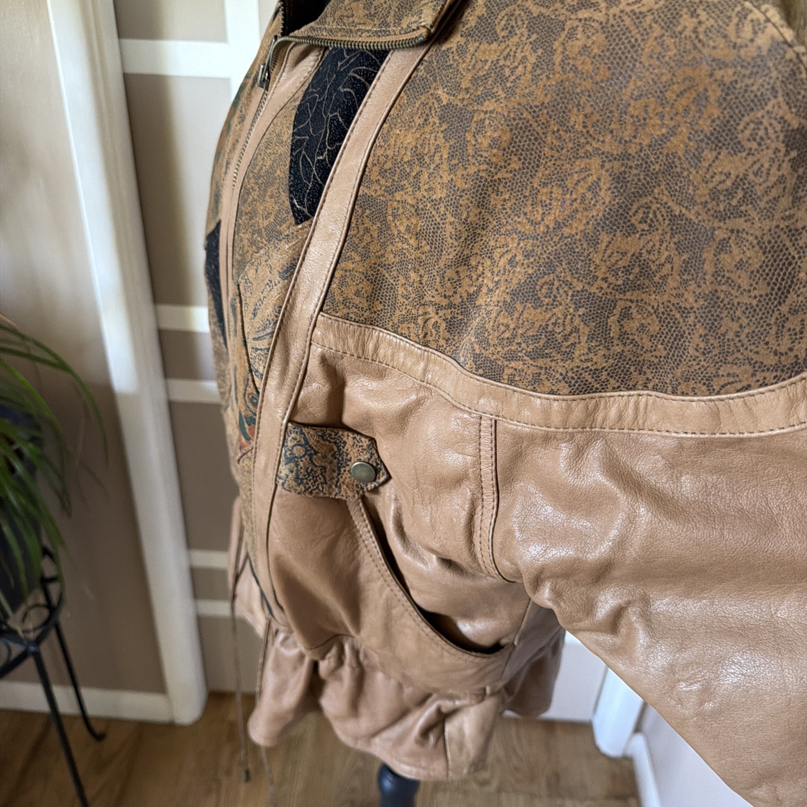 Vtg Jay Jacobs Leather Bomber Jacket 1980s, Patchwork Printed Sz M UNIQUE & COOL