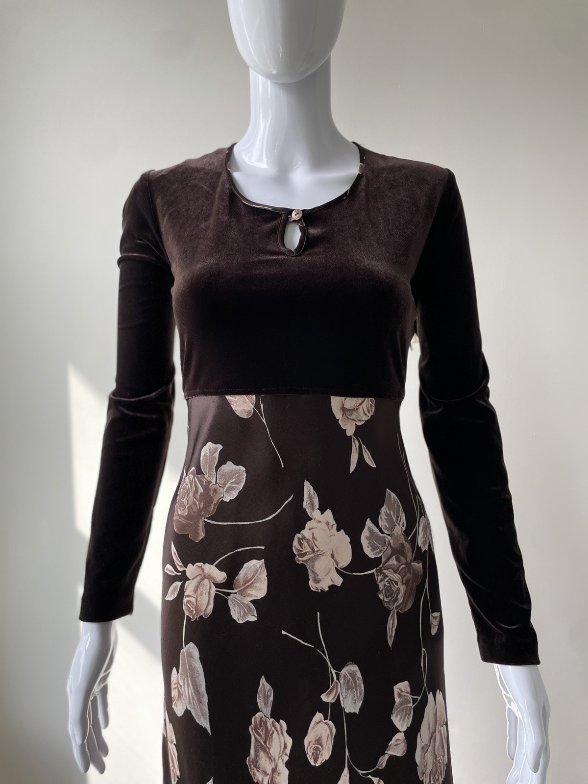 Vintage S M Dress Maxi Velour Satin Rose Floral print 90s Brown VGUC