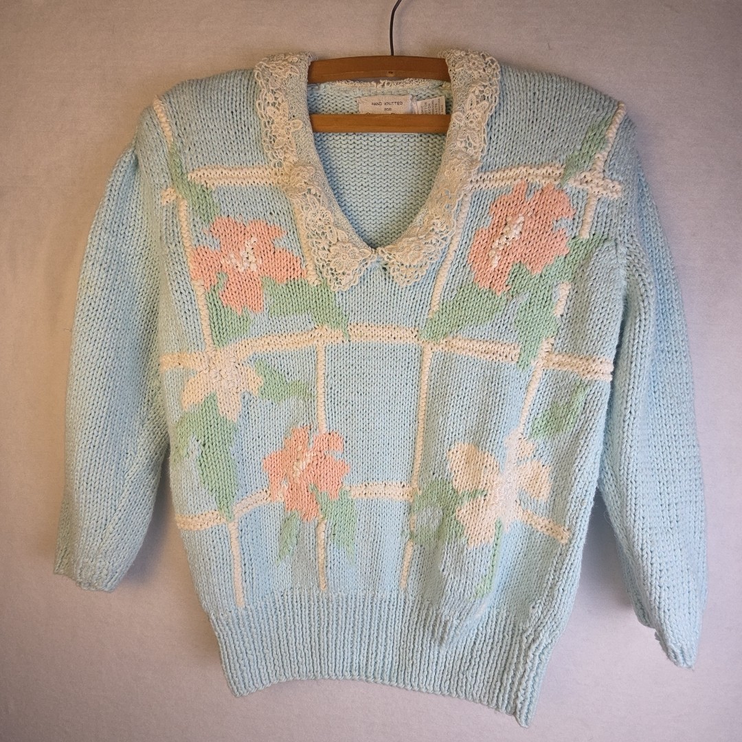 Vtg Marisa Christina Hand Knit Floral Cottagecore Grannycore Lace Collar Sz S