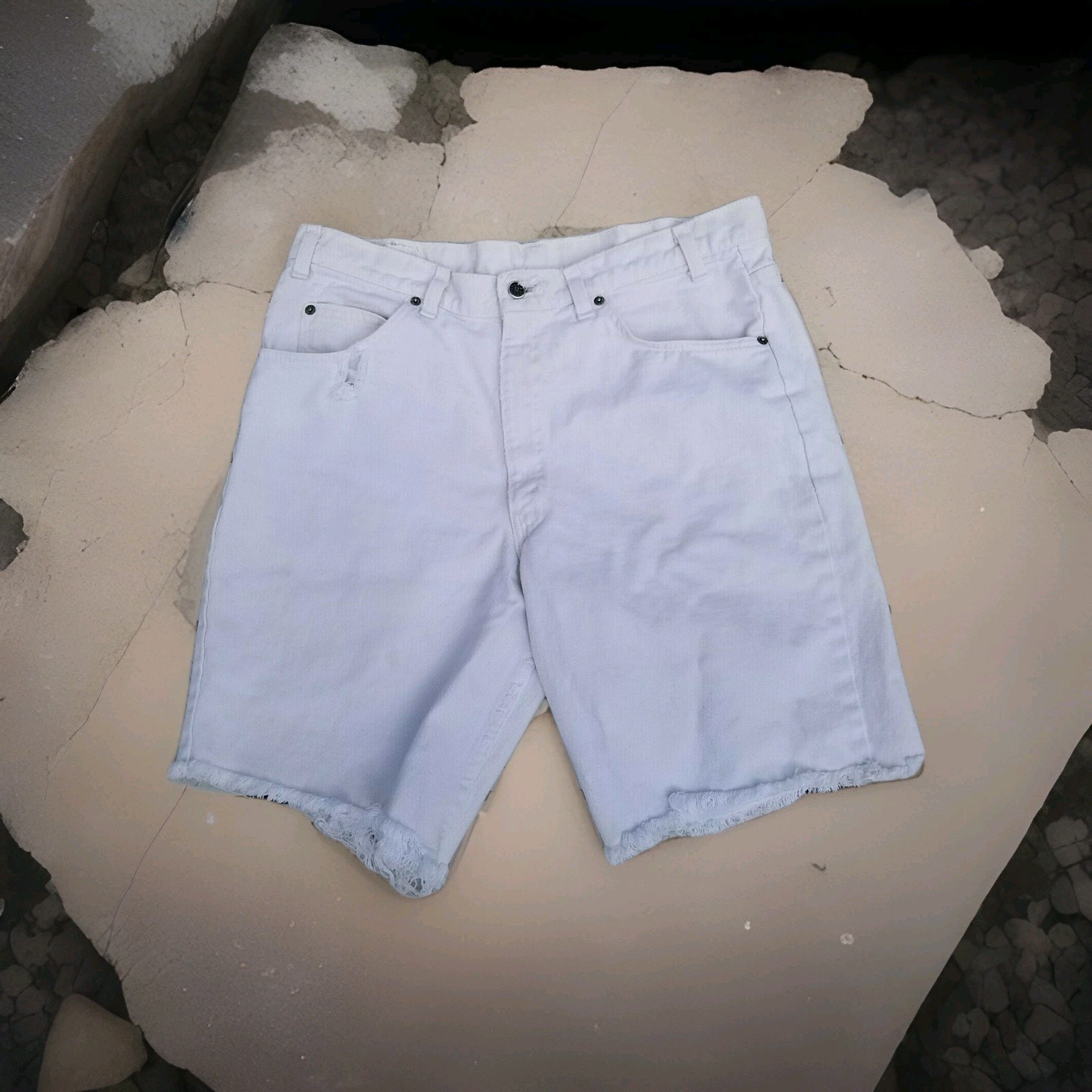 VTG Brittania Jean Shorts 35″ Waist White Cutoffs Boho Indie Edgy Trashed *READ*