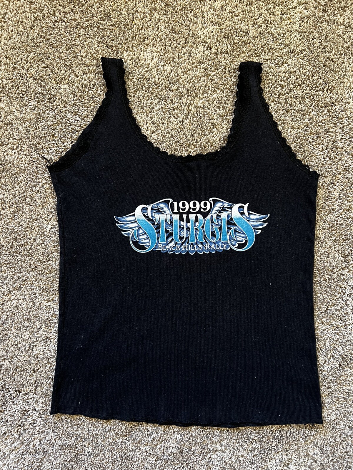 Vtg 90s 3D Emblem Sturgis Harley Biker Black Tank Top T-Shirt Women L Wolf Lace