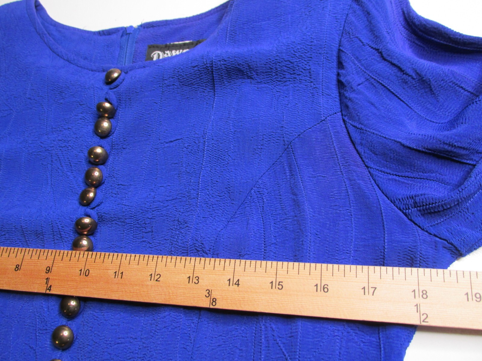 DAWN JOY Midi Career Dress Women SZ 7/8 Blue Peplum Brass Buttons VINTAGE 80’s
