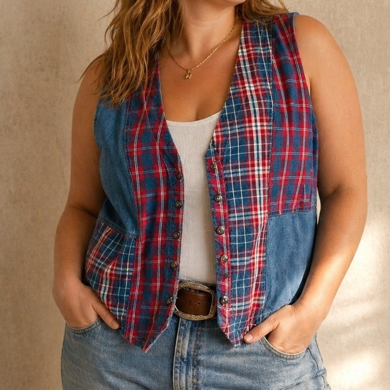 Vintage Stampede Denim Plaid Vest USA 90s Western Patchwork Button L