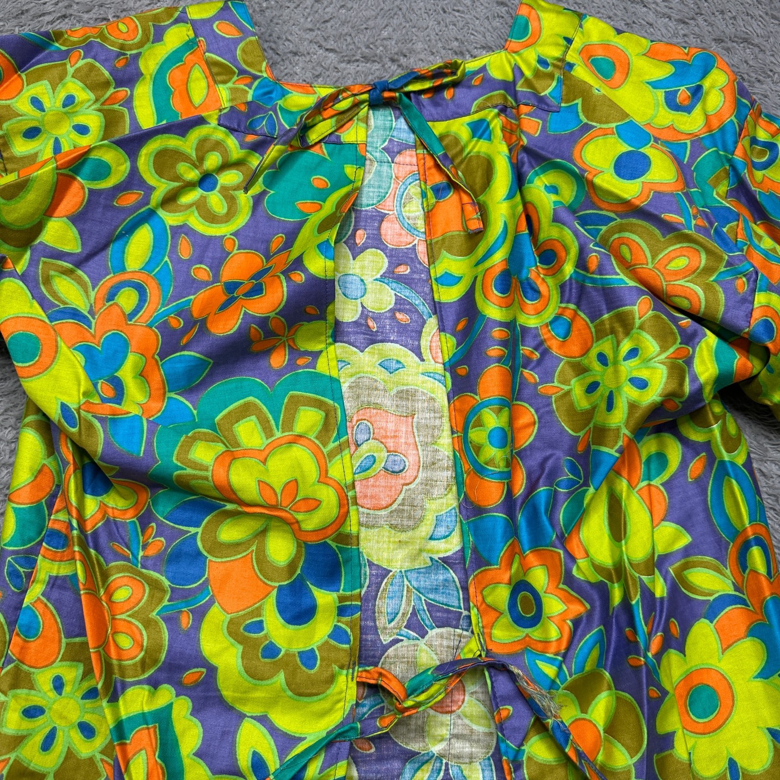 Vintage 60/70s Smock Shirt Womens M Green Groovy Mod Flower Psychedelic Top