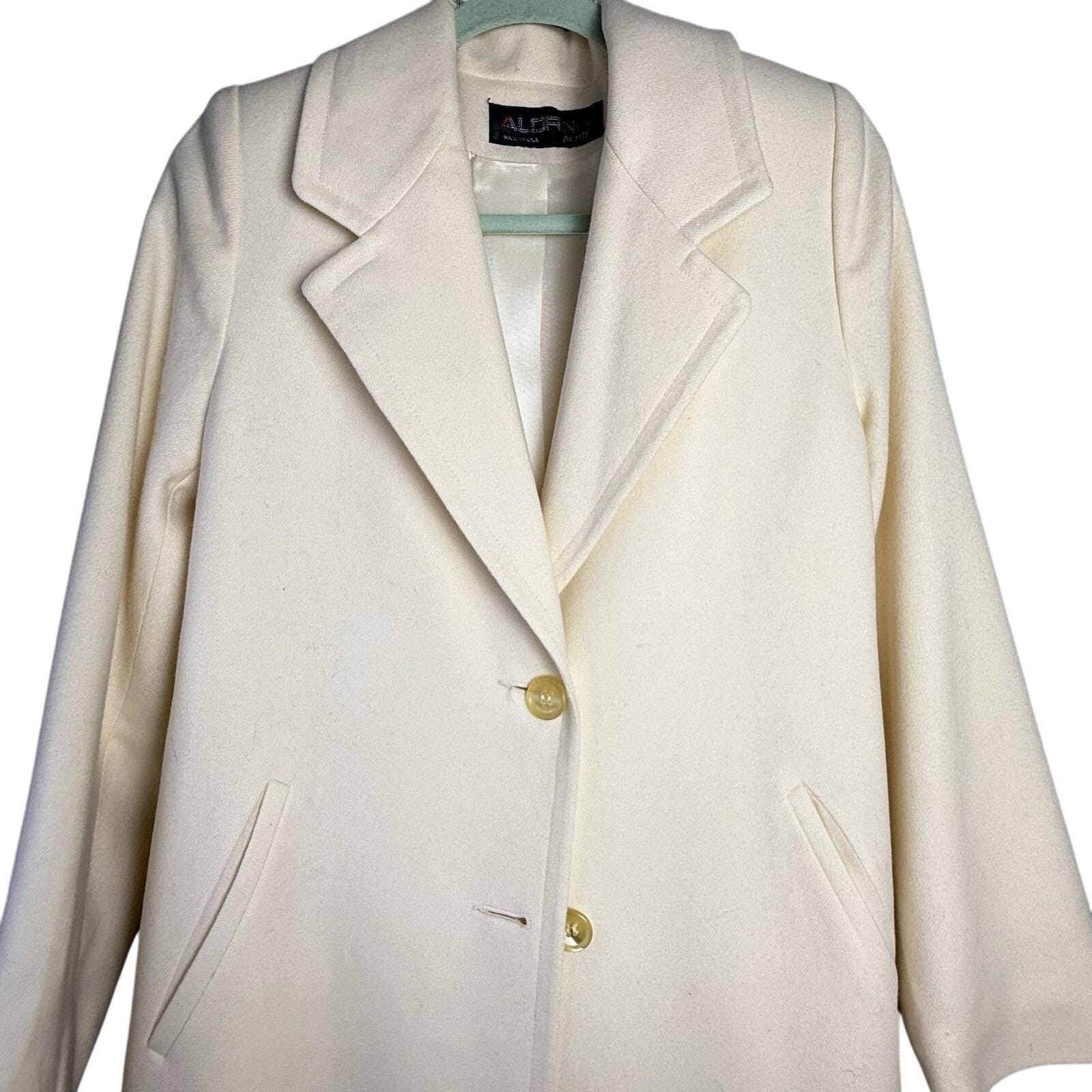 Vintage 80s/90s Alorna 100% Wool Overcoat Long Coat Ivory White MEDIUM/LARGE P