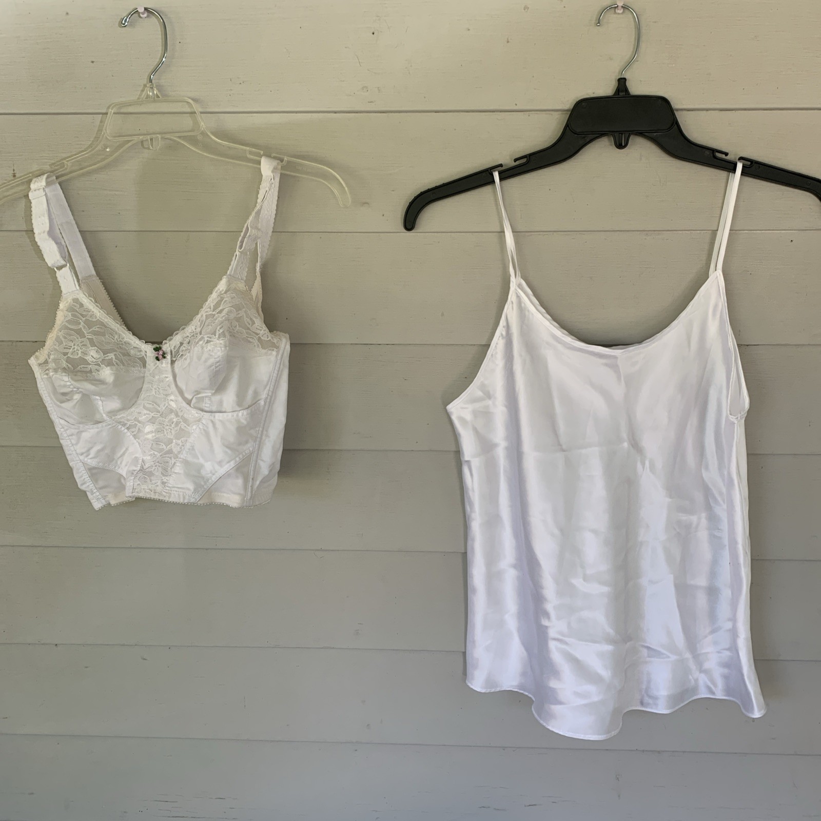 Lot of 2 Vintage Lace Bustier Bra Top 34C & Satin Cami Large White