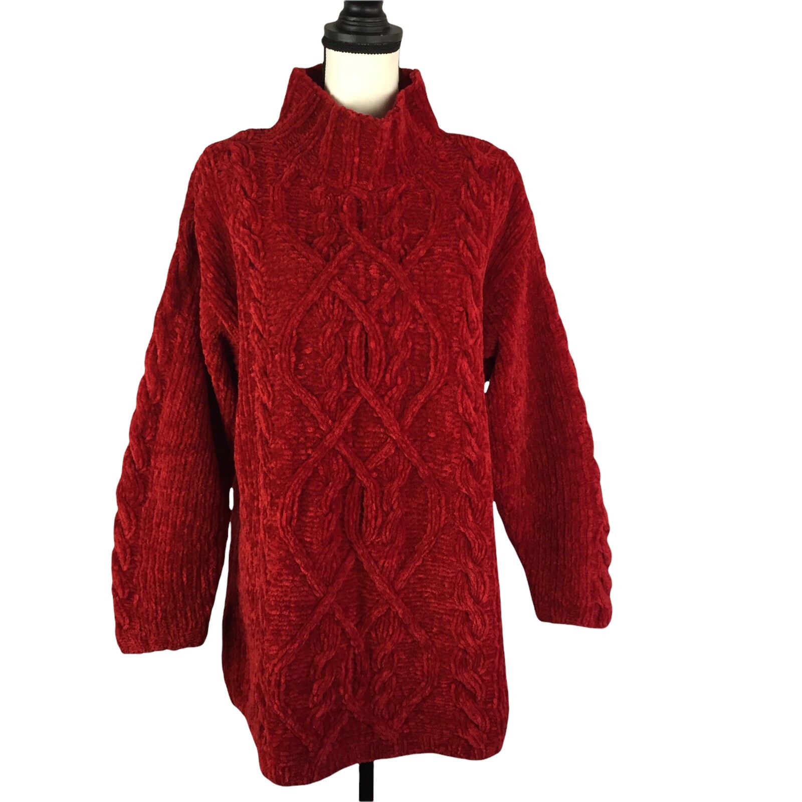 Vintage 90s Express Tricot Chenille Red Mock Neck Chunky Knit Women’s Medium