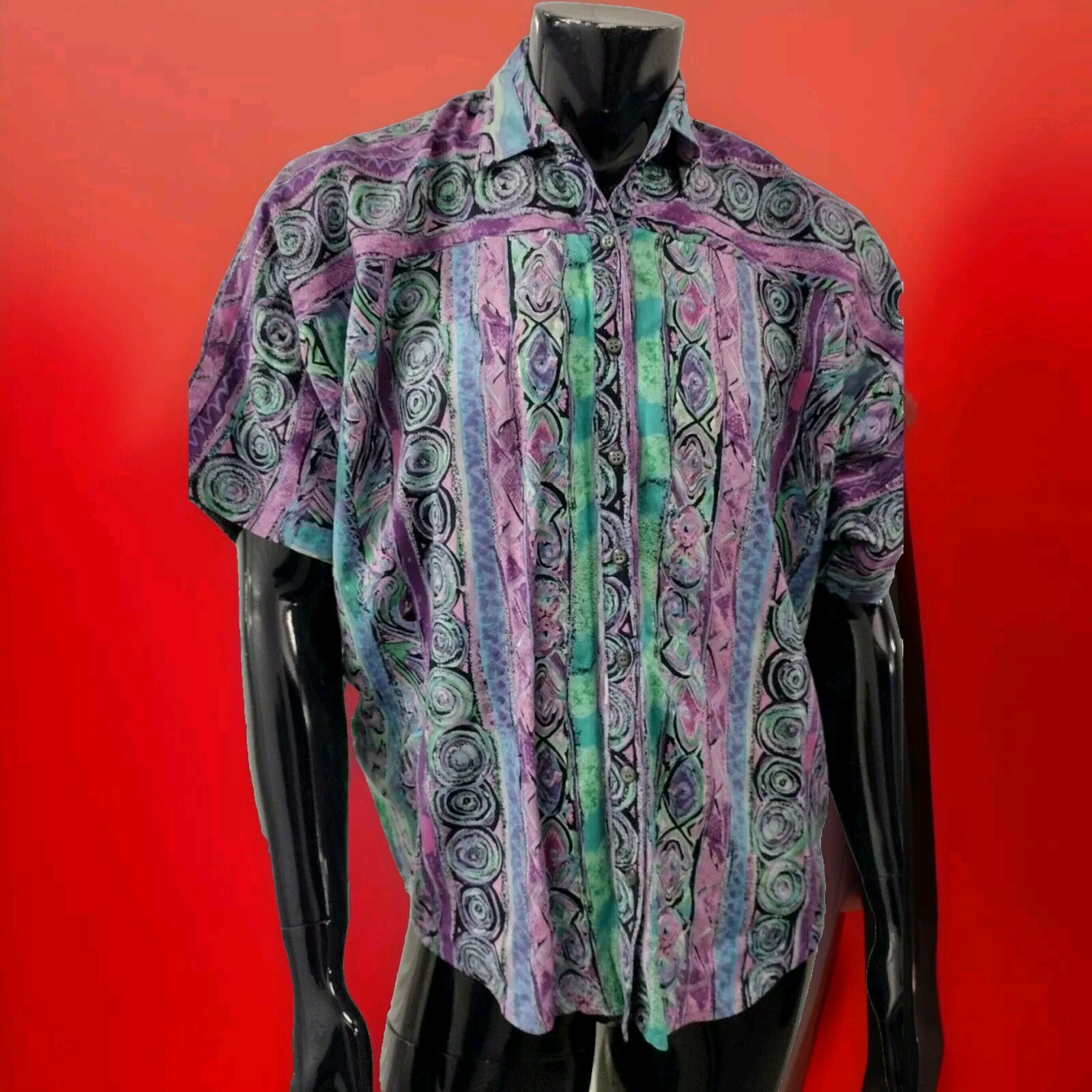 90s Lavender Purple Button Shirt Rayon Batwing Tribal Pattern DEADSTOCK UNISEX