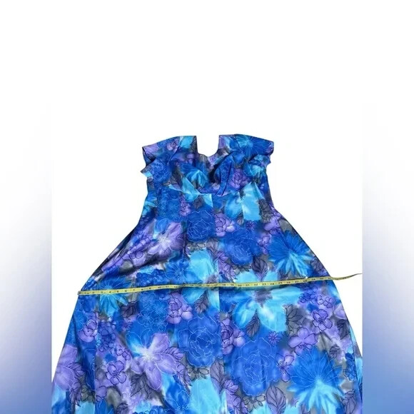 VTG 70s Sun Fashions of Hawaii Floral Muumuu Dress Blue Purple Maxi Aloha Gown
