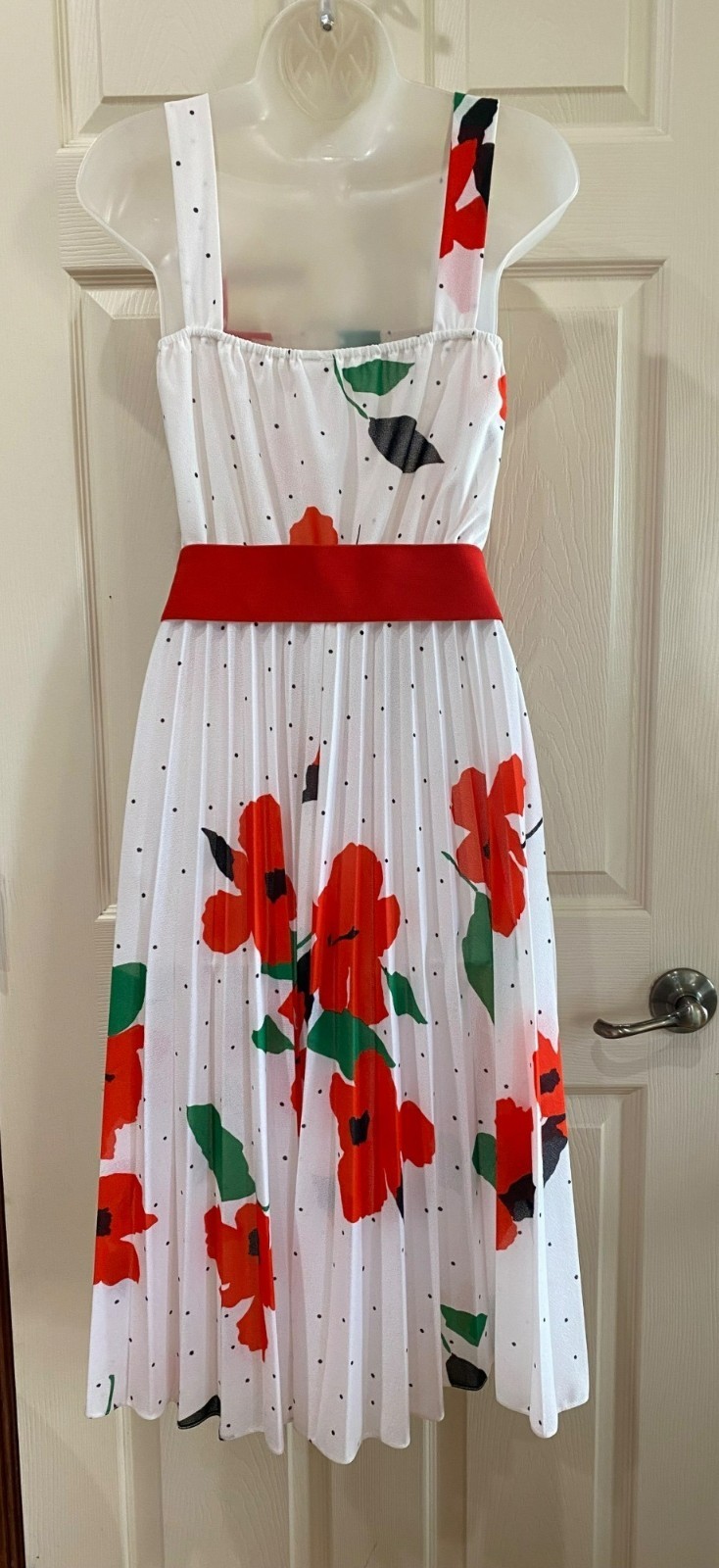 Vintage Haggar’s Women’s Wear Floral Polka Dot Pleated Midi Dress White Red Gree
