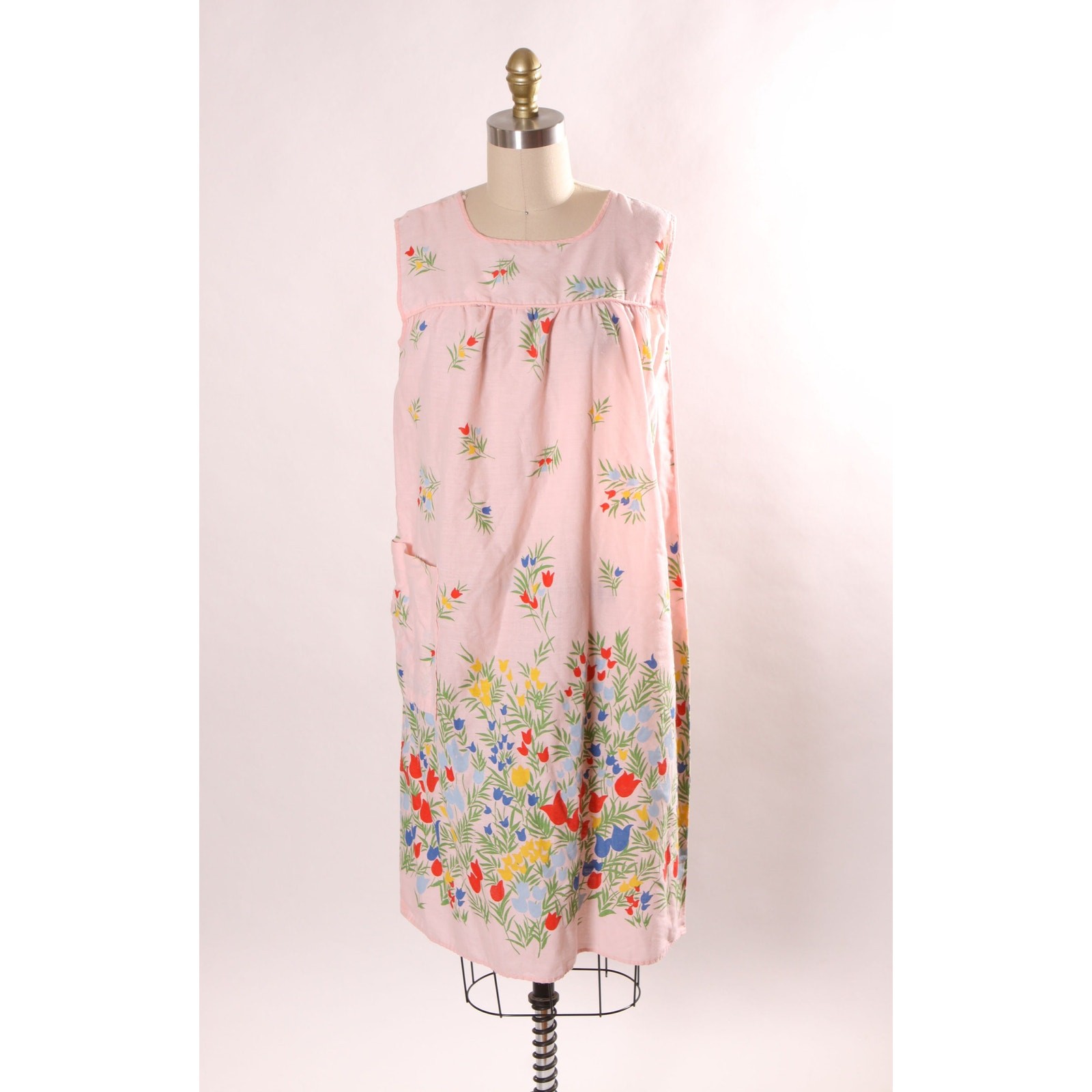 1970s Pink Blue Green Yellow Red Sleeveless Floral Border Print House Dress