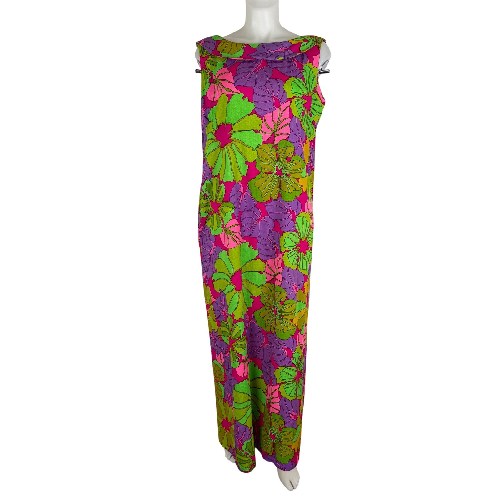 VTG 60s 70s Mod Psychedelic Floral Maxi Dress BarkCloth Sleeveless Bust 42″