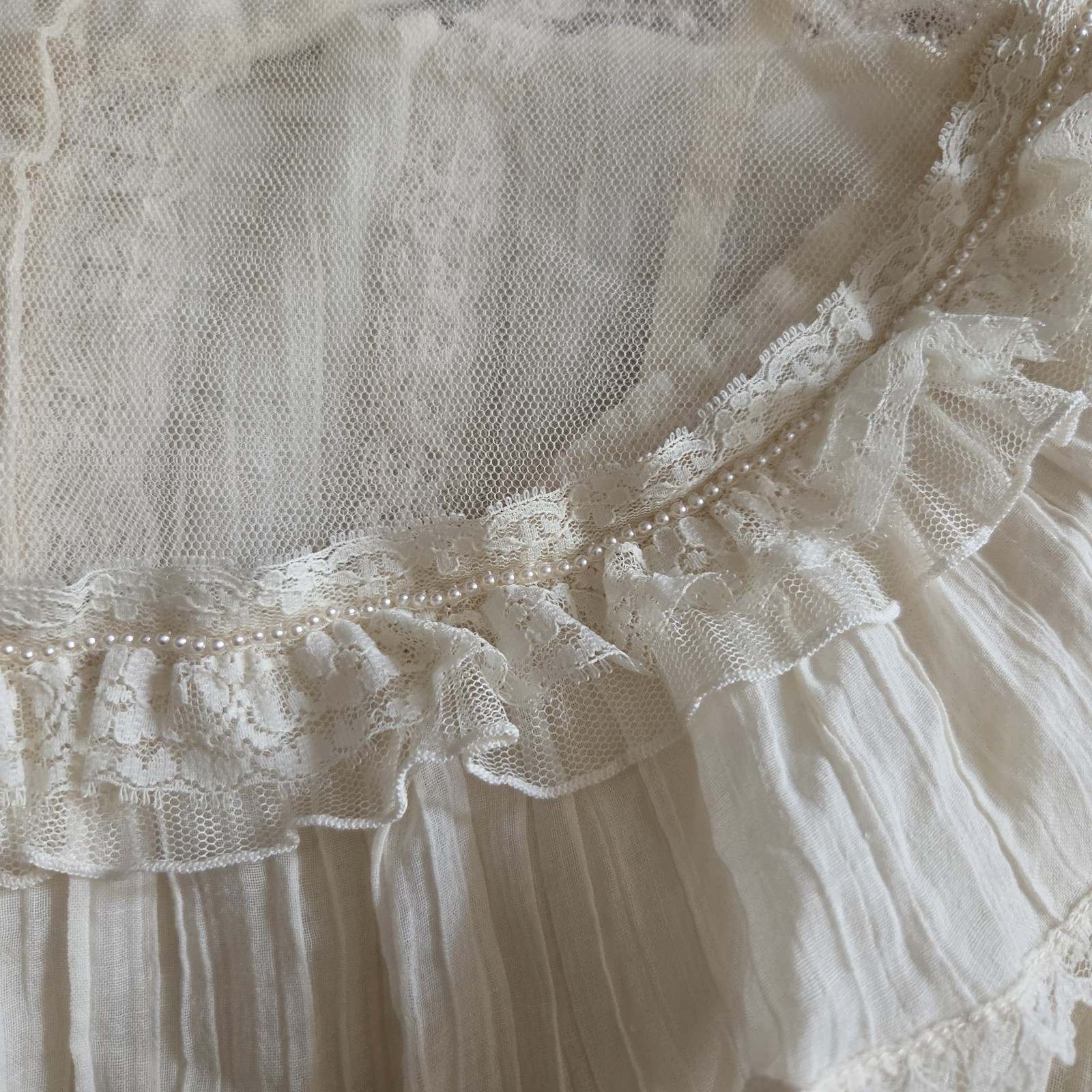 Gunnies Ivory Sheer Lace Blouse High Neck Ruffle Pearl Button Long Sleeve