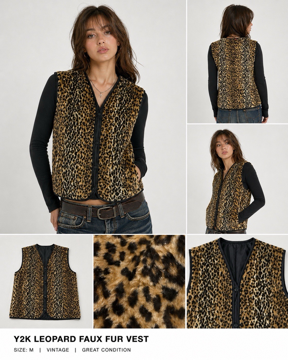 Y2K Leopard Faux Fur Vest Women’s M Animal Print Vintage #mobwife#coquette