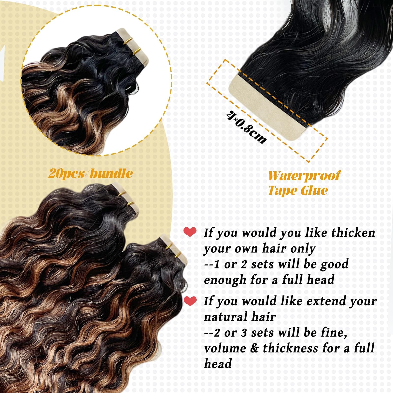 16 Inch Water Wave Ombre Tape in Hair Extensions Real Human Hair for Women Highl