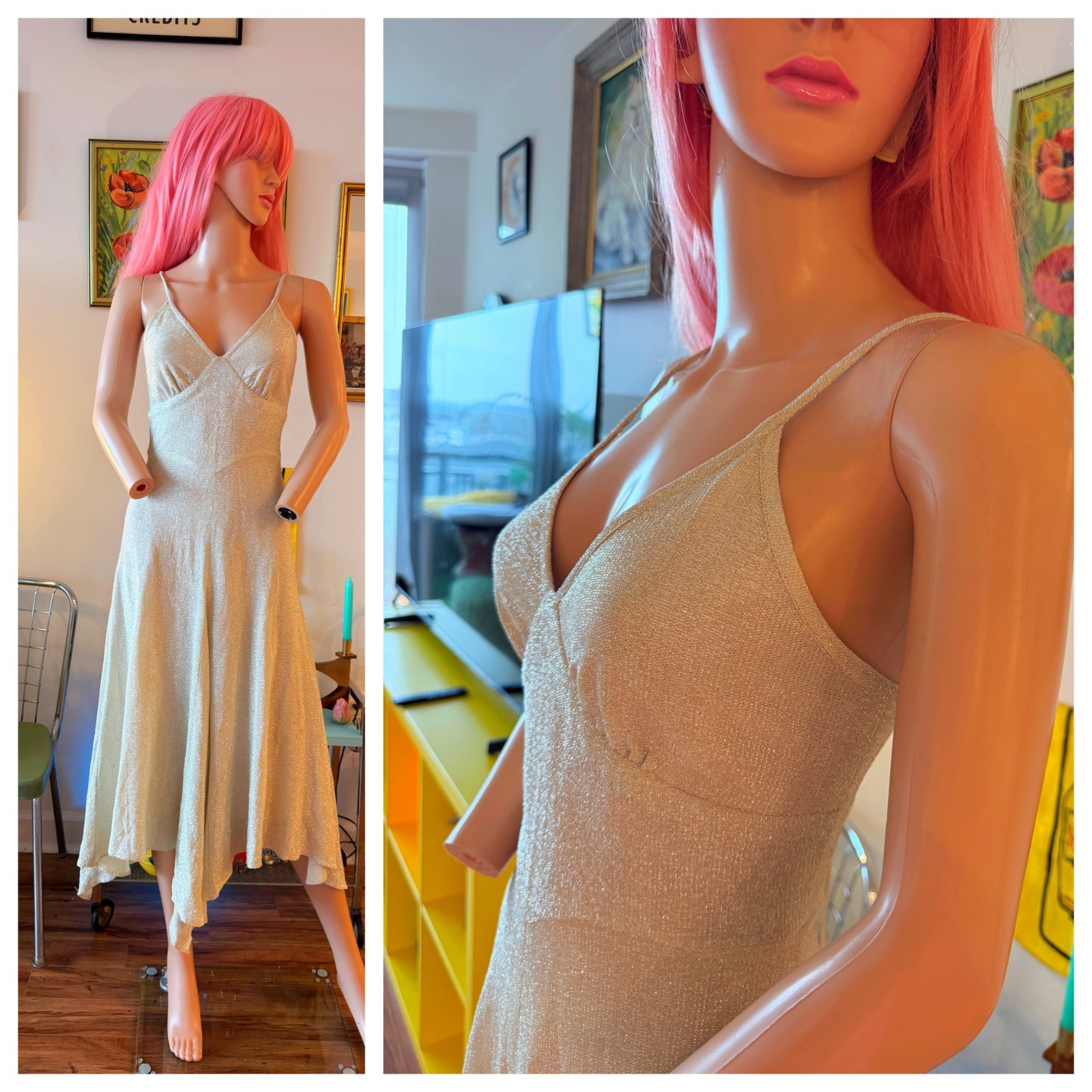 🪩 Vtg 70s Jody Silver Lurex Disco Dress Metallic Knit Asymmetrical Hem S M