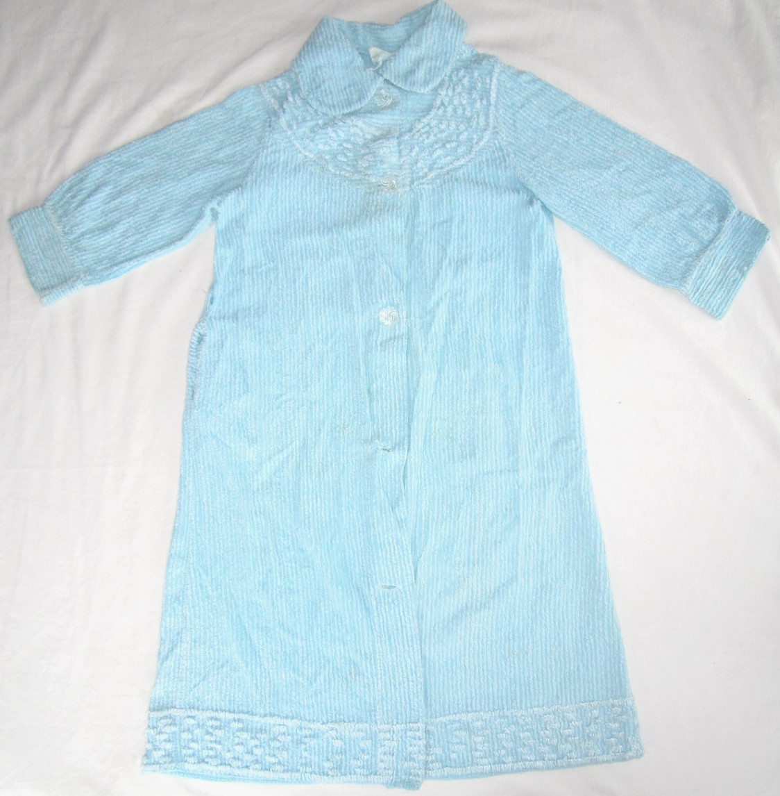 Vintage Chenille Child Girl Bath Robe 1950s Total Length 35″ Chest 34″ Aqua Blue