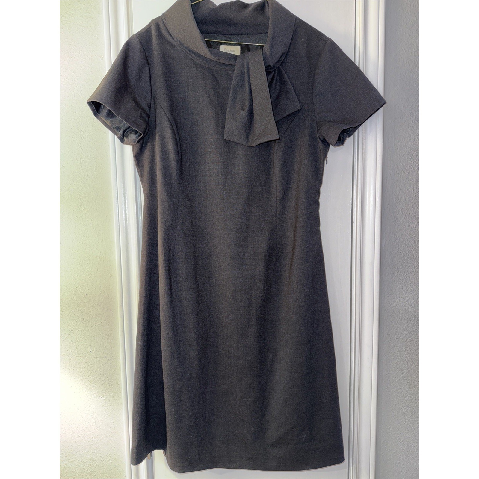 Neiman Marcus 100% Wool Charcoal Gray Dress Vintage Sheath Size 16 Midi Tie