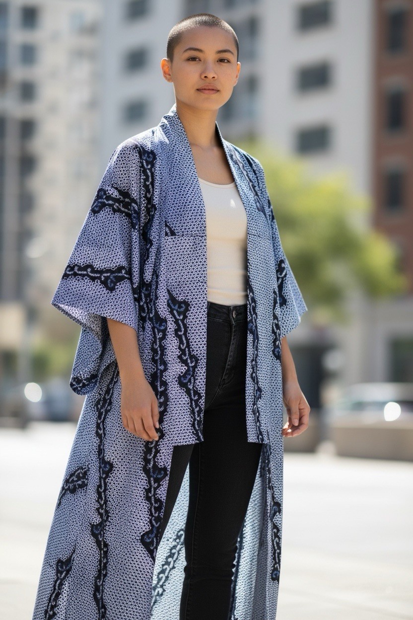 Vintage Kimono Robe Blue Hand Dyed Cotton One Size Full Length 1970s Unisex