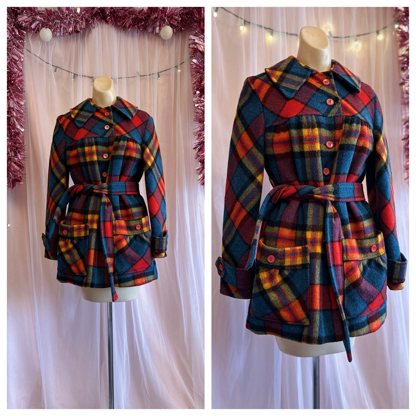 Vintage 60s 70s Rainbow Plaid Wool Coat Jacket Mod Retro Swingles XS/S